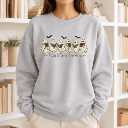 'Tis The Season Reading Ghosts Crewneck Sweatshirt | Halloween Book Lover Gift Sport Grey