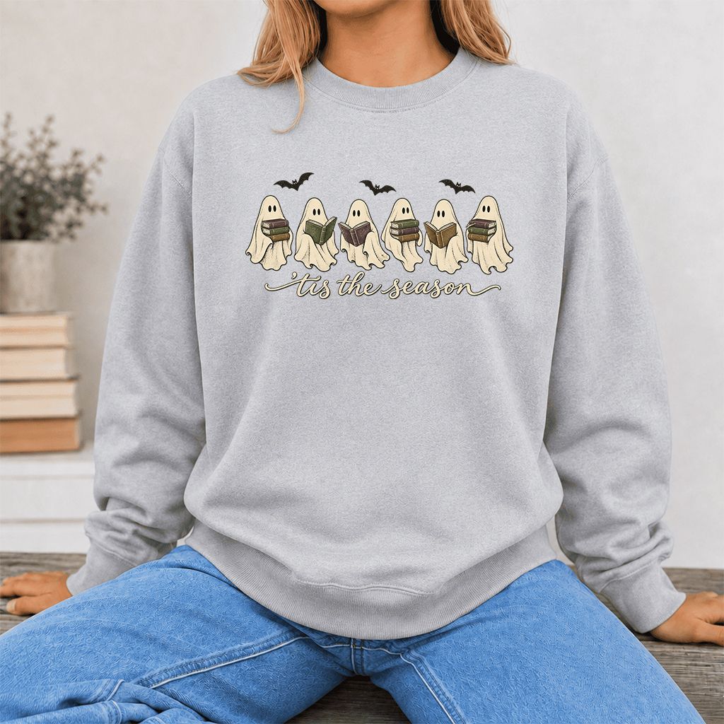 'Tis The Season Reading Ghosts Crewneck Sweatshirt | Halloween Book Lover Gift Sport Grey