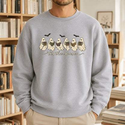 'Tis The Season Reading Ghosts Crewneck Sweatshirt | Halloween Book Lover Gift Sport Grey