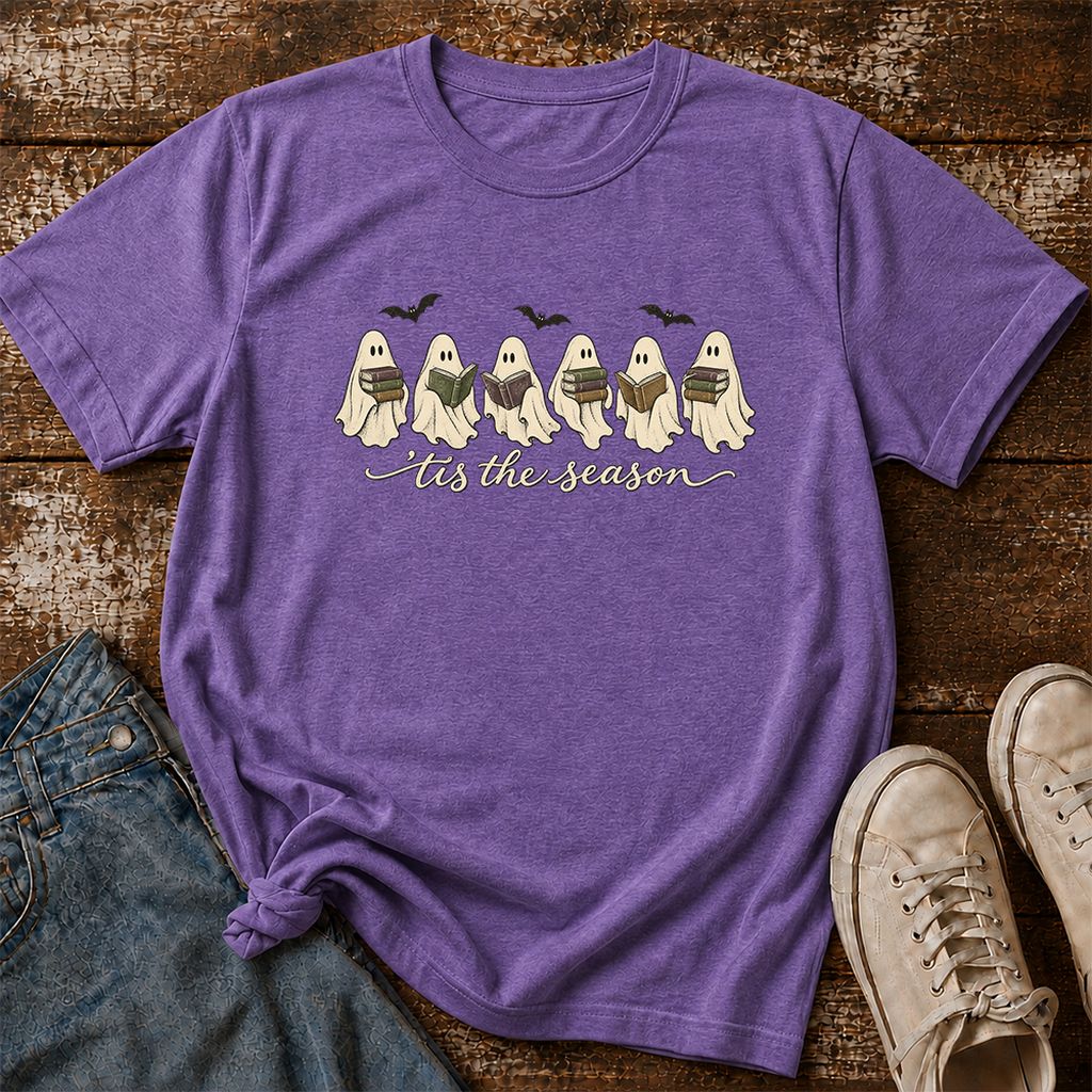 'Tis The Season Reading Ghosts Printed T-Shirt | Halloween Book Lover Gift Heather Purple