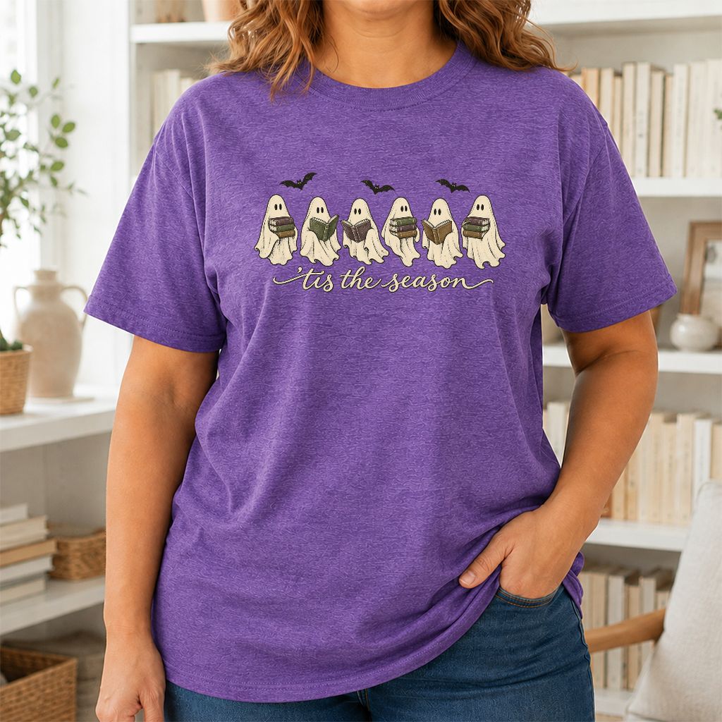 'Tis The Season Reading Ghosts Printed T-Shirt | Halloween Book Lover Gift Heather Purple