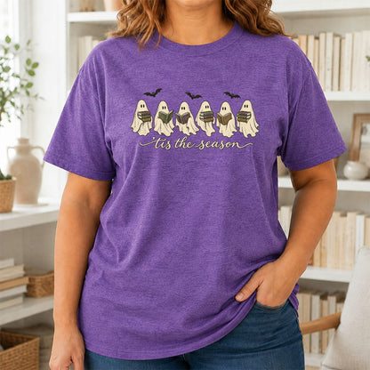 'Tis The Season Reading Ghosts Printed T-Shirt | Halloween Book Lover Gift Heather Purple