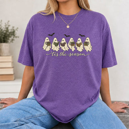 'Tis The Season Reading Ghosts Printed T-Shirt | Halloween Book Lover Gift Heather Purple