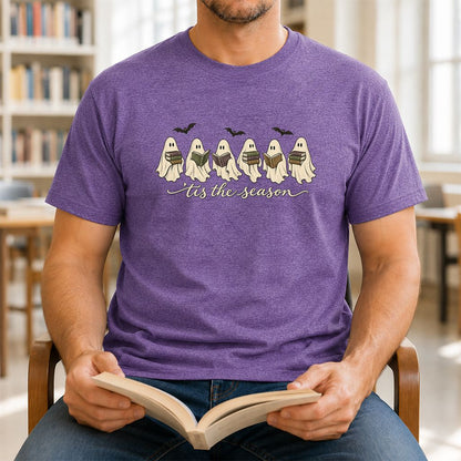 'Tis The Season Reading Ghosts Printed T-Shirt | Halloween Book Lover Gift Heather Purple
