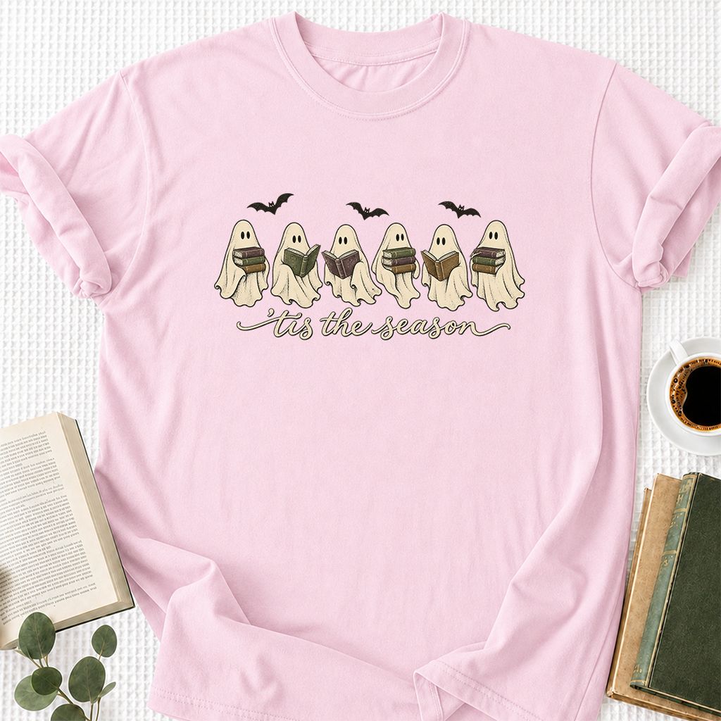 'Tis The Season Reading Ghosts Printed T-Shirt | Halloween Book Lover Gift Light Pink