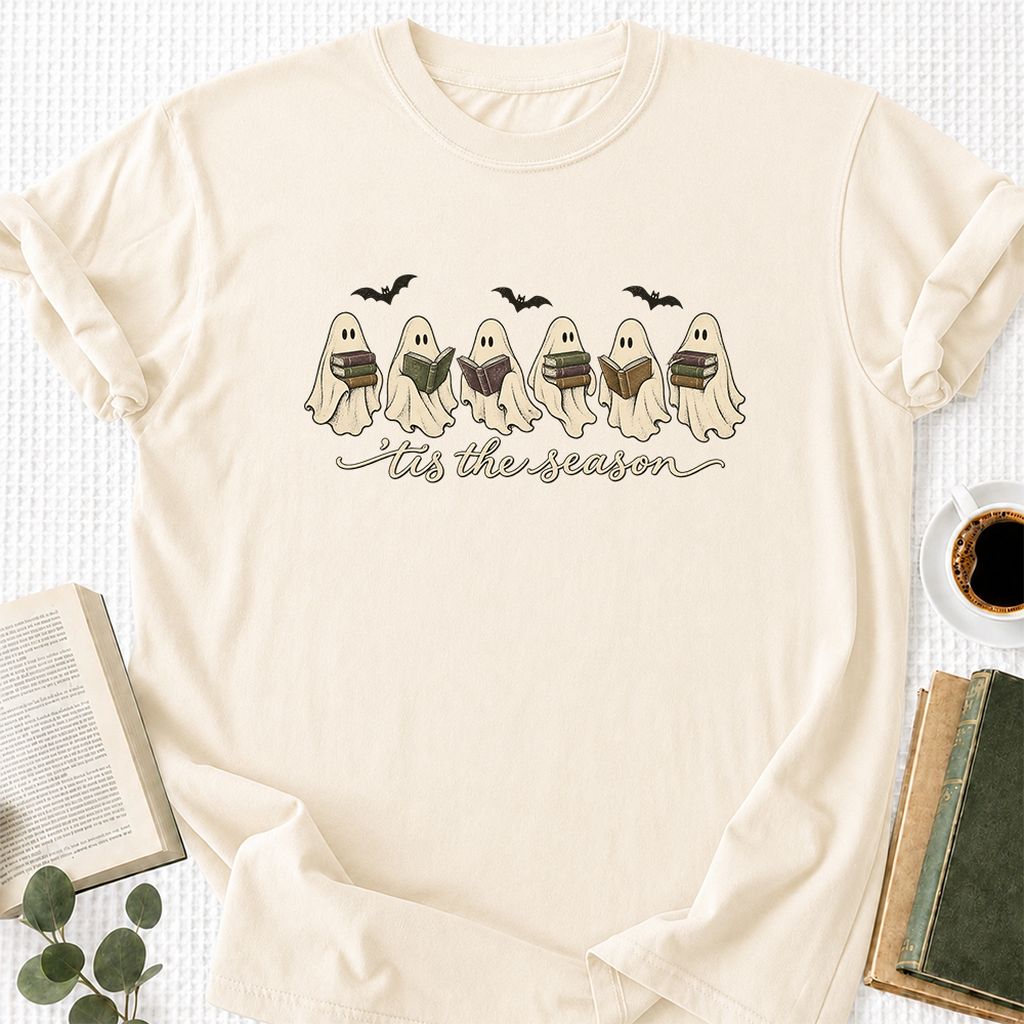 'Tis The Season Reading Ghosts Printed T-Shirt | Halloween Book Lover Gift Natural