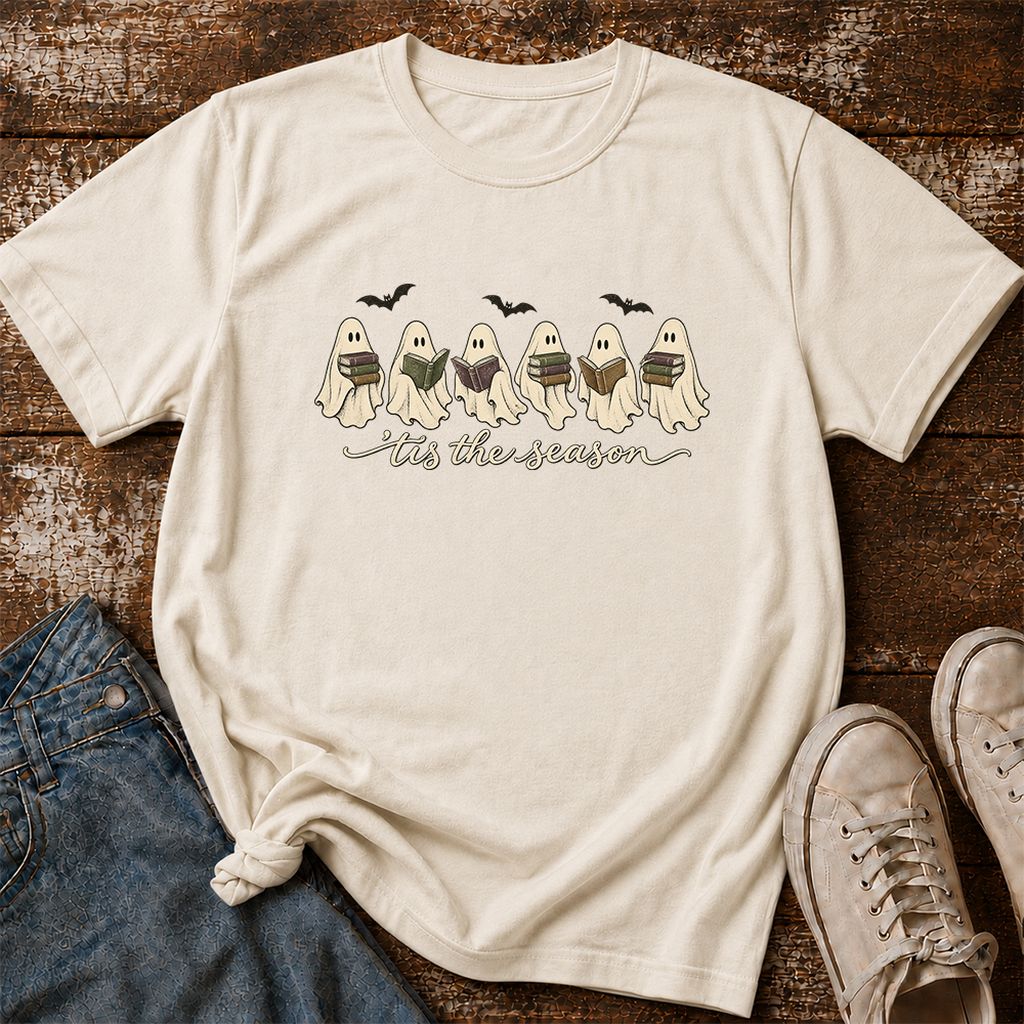 'Tis The Season Reading Ghosts Printed T-Shirt | Halloween Book Lover Gift Natural