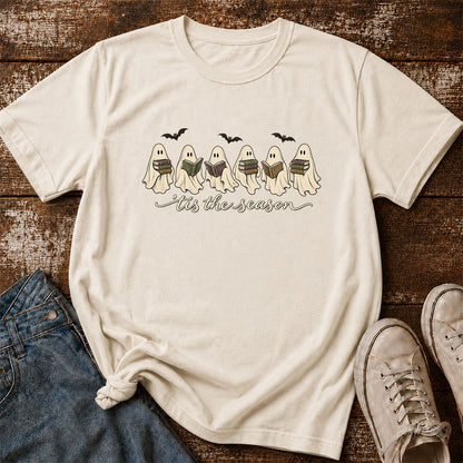 'Tis The Season Reading Ghosts Printed T-Shirt | Halloween Book Lover Gift Natural