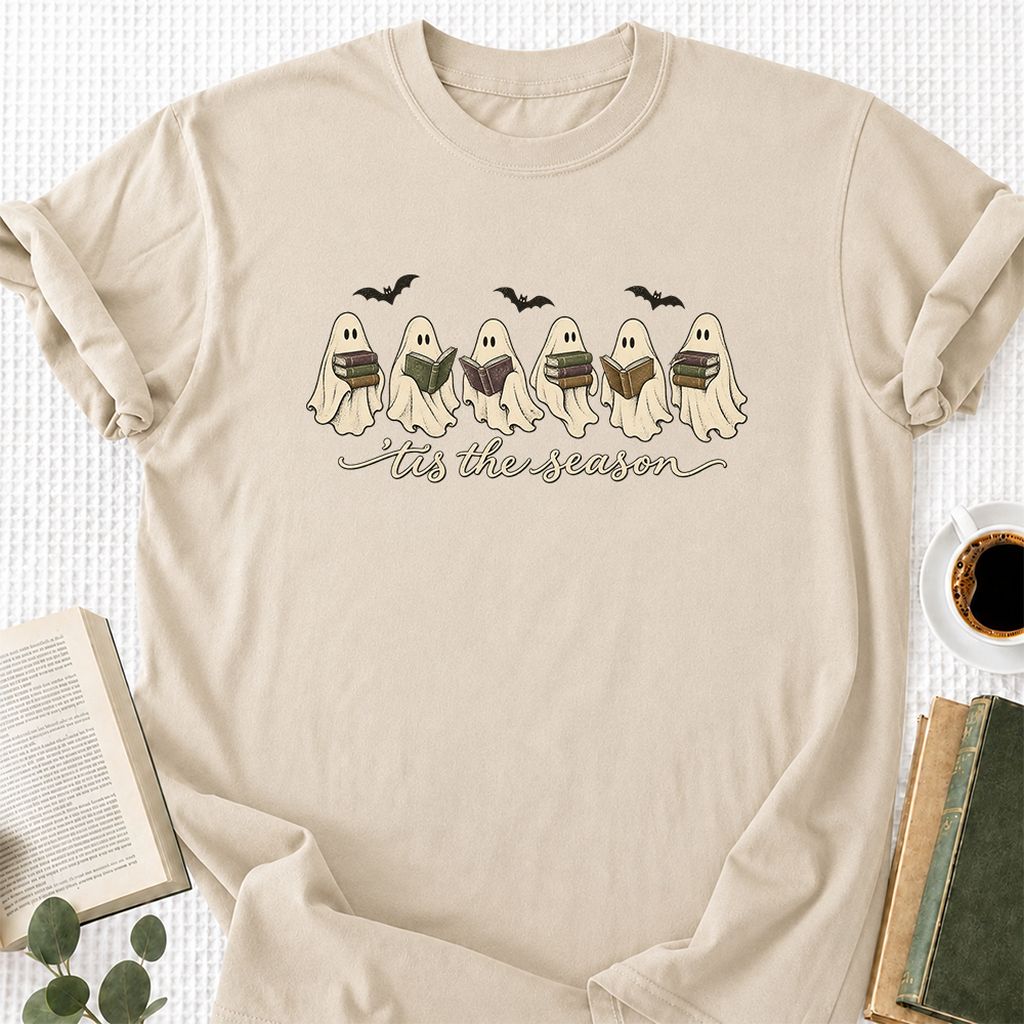 'Tis The Season Reading Ghosts Printed T-Shirt | Halloween Book Lover Gift Sand