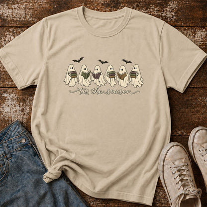 'Tis The Season Reading Ghosts Printed T-Shirt | Halloween Book Lover Gift Sand