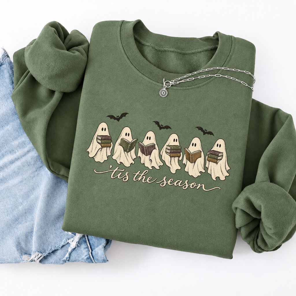 'Tis The Season Reading Ghosts Softstyle Sweatshirt | Halloween Book Lover Gift Military Green