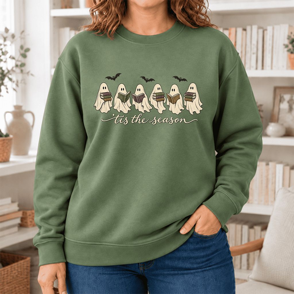 'Tis The Season Reading Ghosts Softstyle Sweatshirt | Halloween Book Lover Gift Military Green