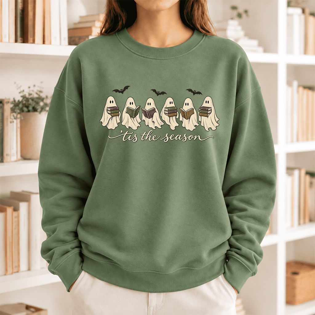 'Tis The Season Reading Ghosts Softstyle Sweatshirt | Halloween Book Lover Gift Military Green
