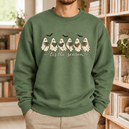 'Tis The Season Reading Ghosts Softstyle Sweatshirt | Halloween Book Lover Gift Military Green