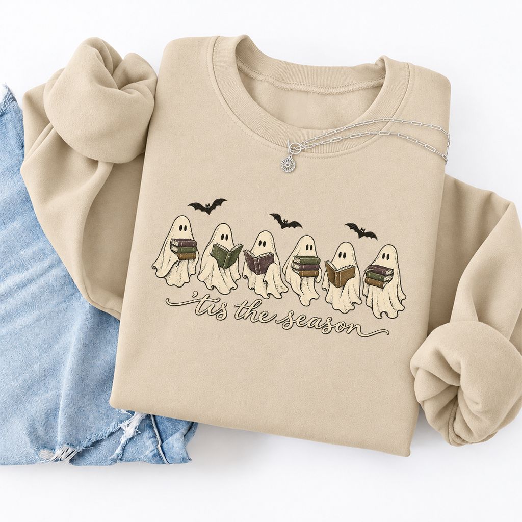 'Tis The Season Reading Ghosts Softstyle Sweatshirt | Halloween Book Lover Gift Sand