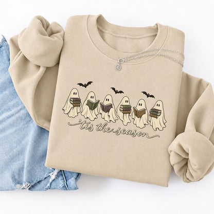 'Tis The Season Reading Ghosts Softstyle Sweatshirt | Halloween Book Lover Gift Sand