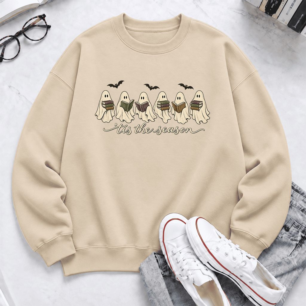 'Tis The Season Reading Ghosts Softstyle Sweatshirt | Halloween Book Lover Gift Sand