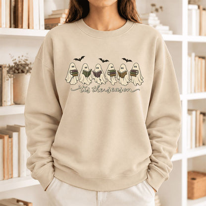 'Tis The Season Reading Ghosts Softstyle Sweatshirt | Halloween Book Lover Gift Sand
