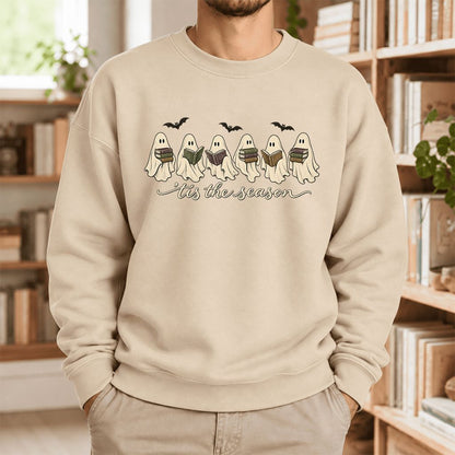 'Tis The Season Reading Ghosts Softstyle Sweatshirt | Halloween Book Lover Gift Sand