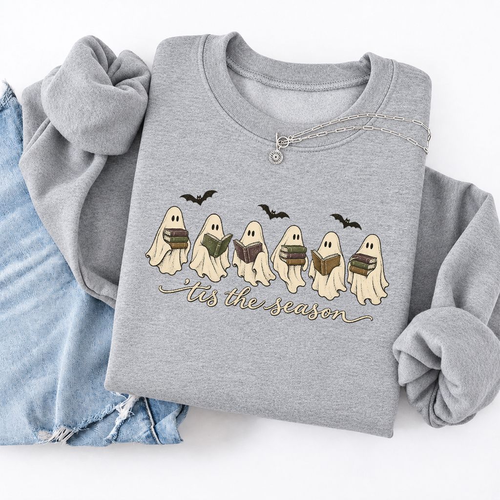 'Tis The Season Reading Ghosts Softstyle Sweatshirt | Halloween Book Lover Gift Sport Grey