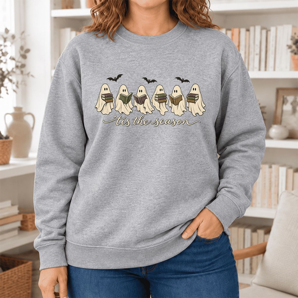 'Tis The Season Reading Ghosts Softstyle Sweatshirt | Halloween Book Lover Gift Sport Grey