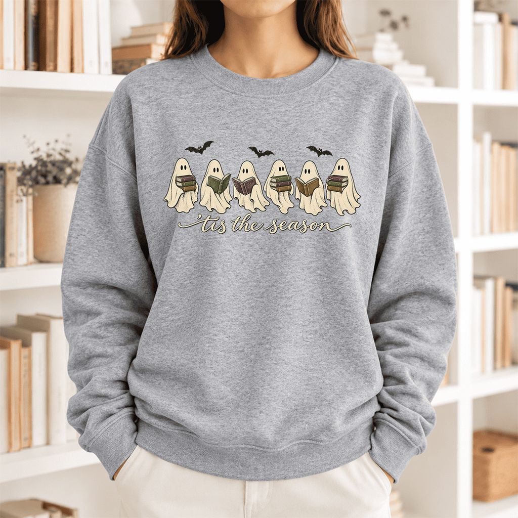 'Tis The Season Reading Ghosts Softstyle Sweatshirt | Halloween Book Lover Gift Sport Grey
