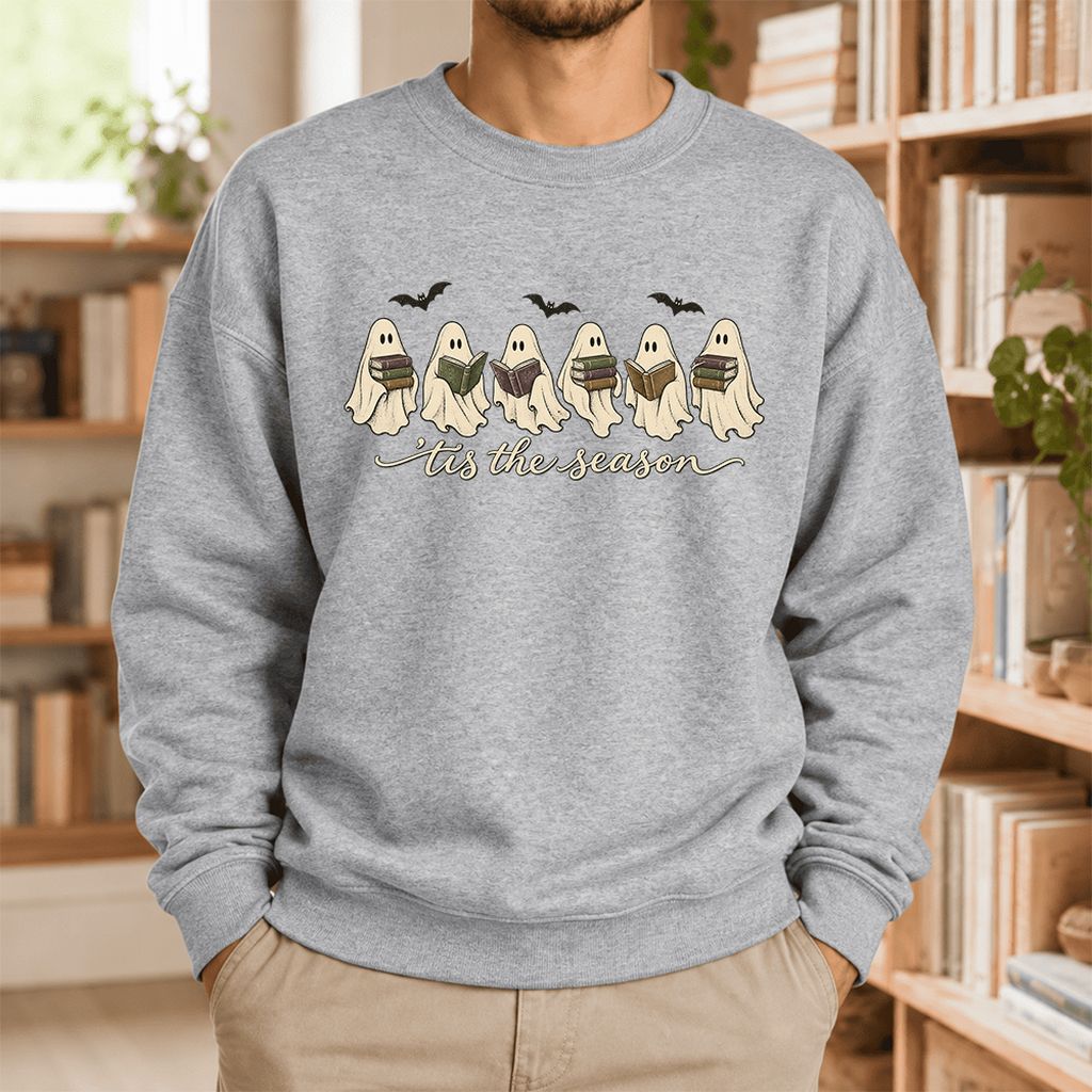'Tis The Season Reading Ghosts Softstyle Sweatshirt | Halloween Book Lover Gift Sport Grey