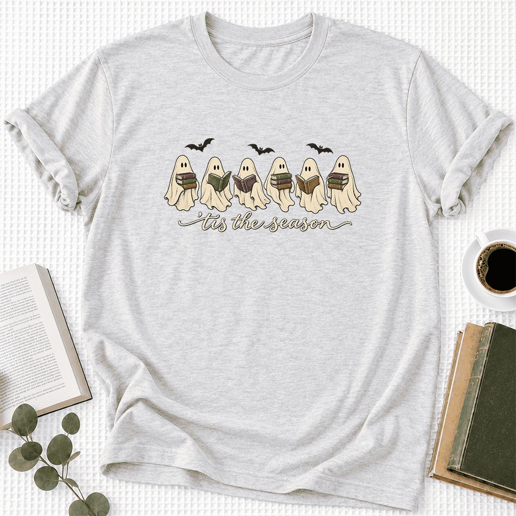 'Tis The Season Reading Ghosts Ultra-Soft Cotton T-Shirt | Halloween Reader Gift Ash