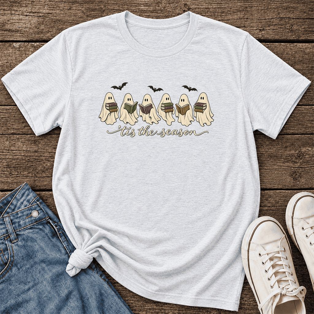 'Tis The Season Reading Ghosts Ultra-Soft Cotton T-Shirt | Halloween Reader Gift Ash