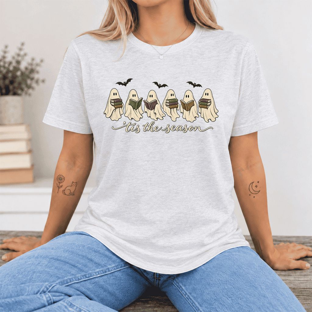 'Tis The Season Reading Ghosts Ultra-Soft Cotton T-Shirt | Halloween Reader Gift Ash