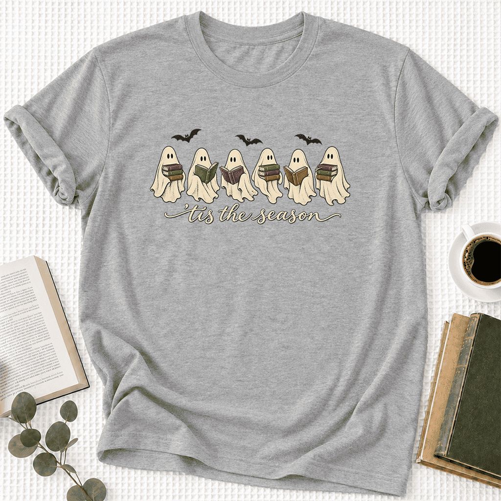 'Tis The Season Reading Ghosts Ultra-Soft Cotton T-Shirt | Halloween Reader Gift Athletic Heather