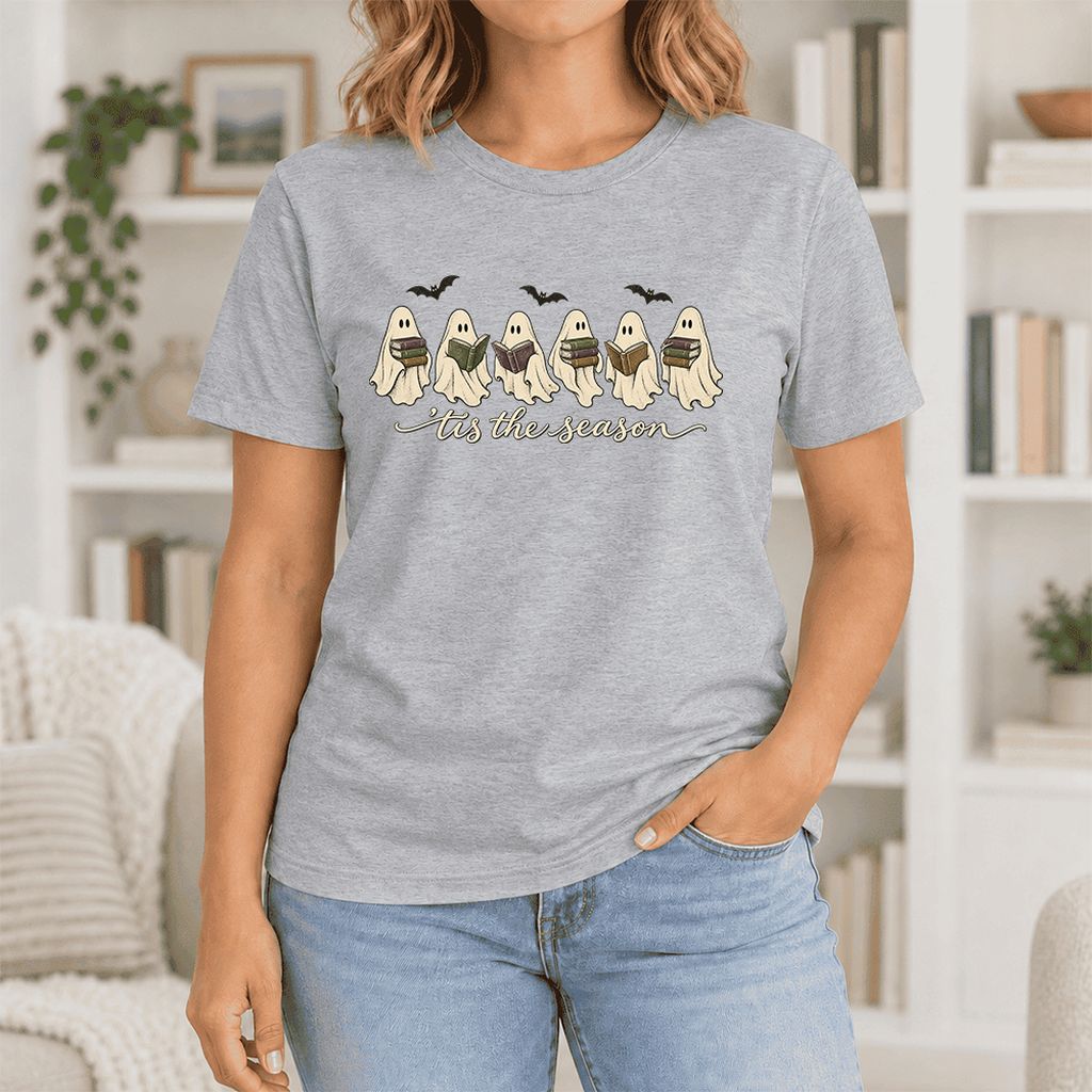 'Tis The Season Reading Ghosts Ultra-Soft Cotton T-Shirt | Halloween Reader Gift Athletic Heather