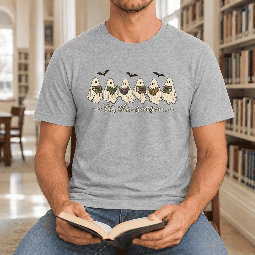 'Tis The Season Reading Ghosts Ultra-Soft Cotton T-Shirt | Halloween Reader Gift Athletic Heather