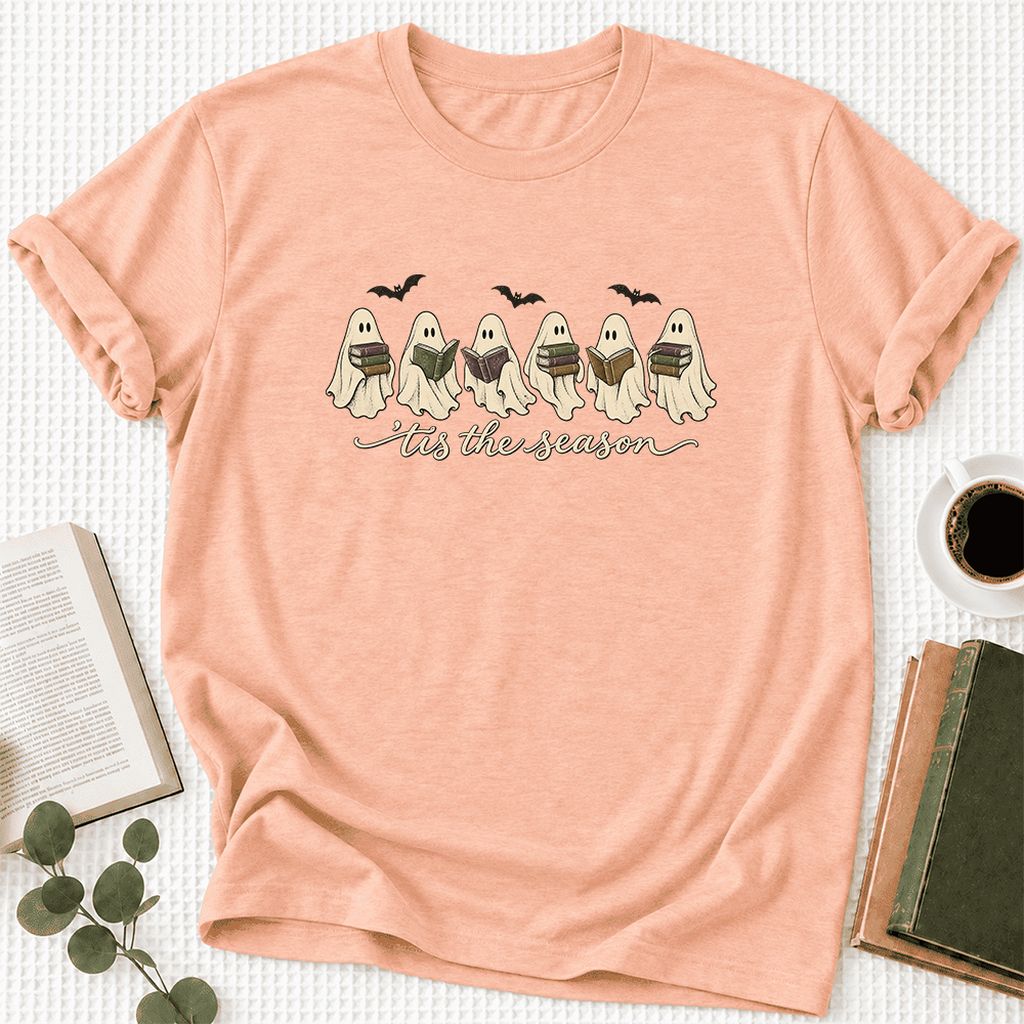 'Tis The Season Reading Ghosts Ultra-Soft Cotton T-Shirt | Halloween Reader Gift Heather Peach