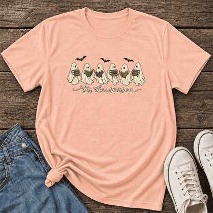 'Tis The Season Reading Ghosts Ultra-Soft Cotton T-Shirt | Halloween Reader Gift Heather Peach