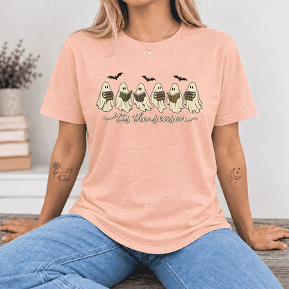 'Tis The Season Reading Ghosts Ultra-Soft Cotton T-Shirt | Halloween Reader Gift Heather Peach