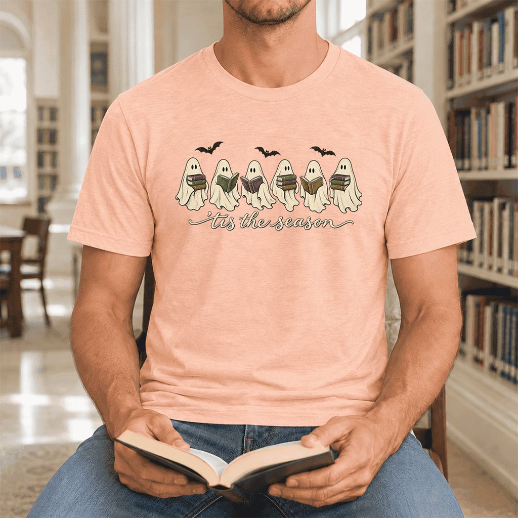 'Tis The Season Reading Ghosts Ultra-Soft Cotton T-Shirt | Halloween Reader Gift Heather Peach