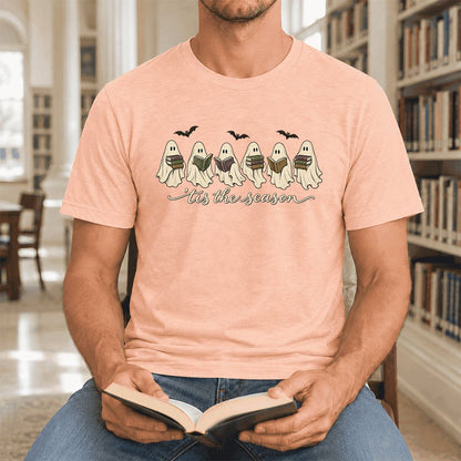 'Tis The Season Reading Ghosts Ultra-Soft Cotton T-Shirt | Halloween Reader Gift Heather Peach