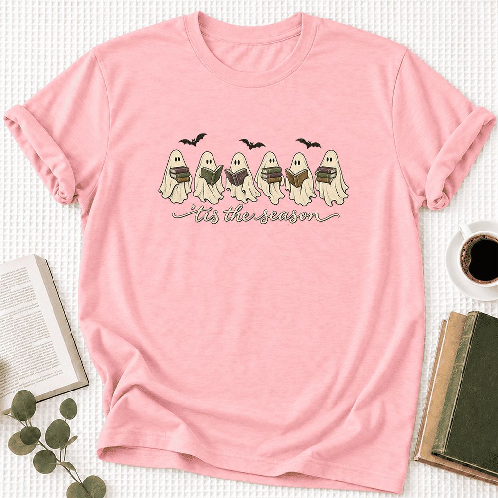 'Tis The Season Reading Ghosts Ultra-Soft Cotton T-Shirt | Halloween Reader Gift Pink