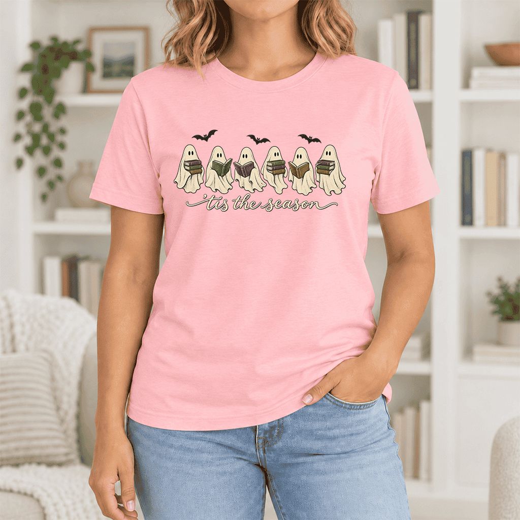 'Tis The Season Reading Ghosts Ultra-Soft Cotton T-Shirt | Halloween Reader Gift Pink