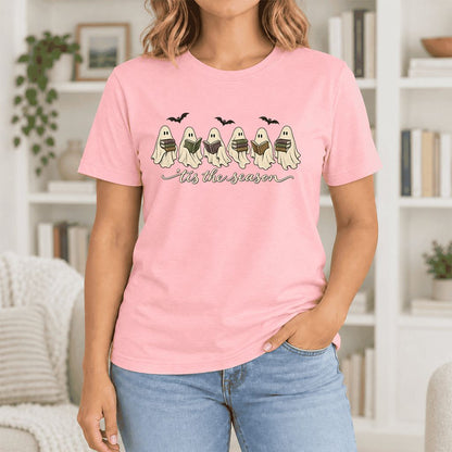 'Tis The Season Reading Ghosts Ultra-Soft Cotton T-Shirt | Halloween Reader Gift Pink
