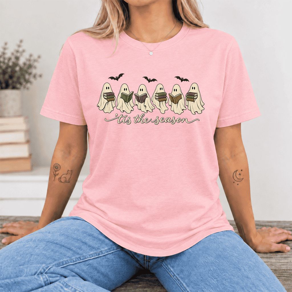 'Tis The Season Reading Ghosts Ultra-Soft Cotton T-Shirt | Halloween Reader Gift Pink