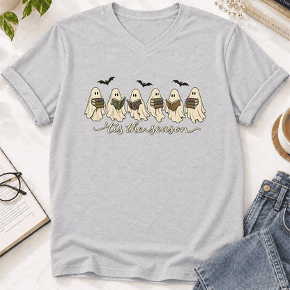 'Tis The Season Reading Ghosts Ultra-Soft V-Neck | Halloween Book Lover Gift Ash