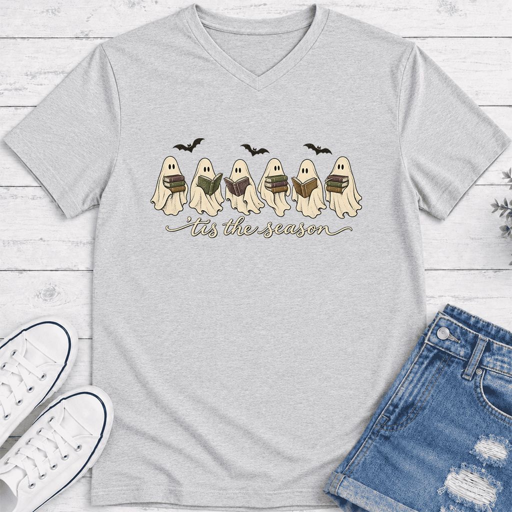 'Tis The Season Reading Ghosts Ultra-Soft V-Neck | Halloween Book Lover Gift Ash