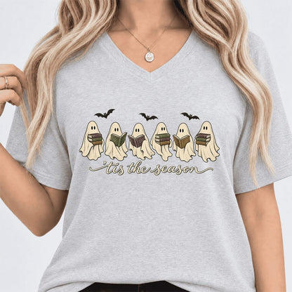 'Tis The Season Reading Ghosts Ultra-Soft V-Neck | Halloween Book Lover Gift Ash