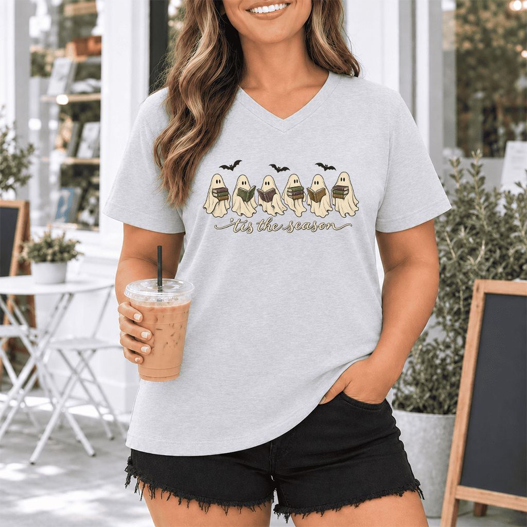 'Tis The Season Reading Ghosts Ultra-Soft V-Neck | Halloween Book Lover Gift Ash