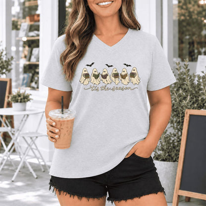 'Tis The Season Reading Ghosts Ultra-Soft V-Neck | Halloween Book Lover Gift Ash
