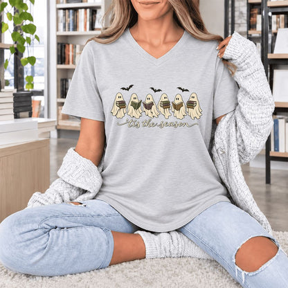 'Tis The Season Reading Ghosts Ultra-Soft V-Neck | Halloween Book Lover Gift Ash