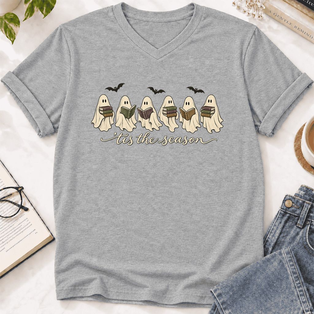 'Tis The Season Reading Ghosts Ultra-Soft V-Neck | Halloween Book Lover Gift Athletic Heather