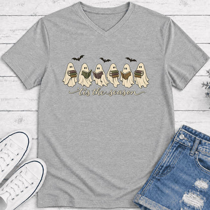 'Tis The Season Reading Ghosts Ultra-Soft V-Neck | Halloween Book Lover Gift Athletic Heather